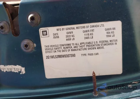 1998 Chevrolet Lumina из США, поврежденный, VIN 2G1WL52M8W9307390